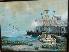 Louis Wright Cajun Fisher Vintage Framed Oil Painting 33”x27” Frame