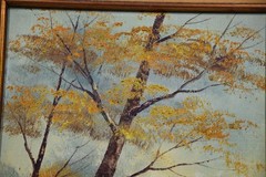 Vintage Fall Colors Aspen Tree Trail Vertical Art Painting Framed Signed MCM