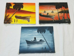 3 Oil on Canvas Signed Haiti Haitian Ernso Paintings Tropical Island Boat Ocean