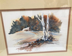 Joseph A Kennedy Watercolor Log Cabin Winter Landscape White Birch Tree Vtg 1978