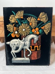 VTG Mid Century Modern Horse Still Life Floral Oil Painting Frayed Velvet 10″x8″