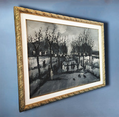 Large Original Black and White Oil Painting Italian Village Landscape Figures
