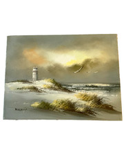 Vintage SEASCAPE sand dunes ocean Painting original sea gulls lighthouse