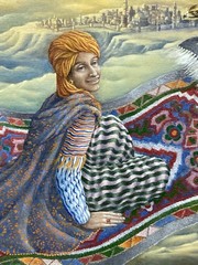 RARE Marjett Schille Original Acrylic Painting Fantasy Arab Sultan Flying Carpet