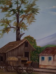 Handmade Oil Painting – Colonial Village Landscape with Mountains and Lake