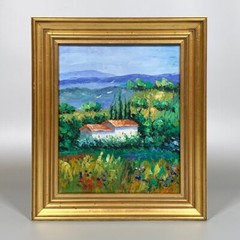 Vintage French Oil Painting Landscape Provence Farm Cypress Trees Poppies Birds