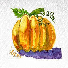 Fall Pumpkin 2 Original Watercolor Painting 8x8in White Mat Frame Ready Art