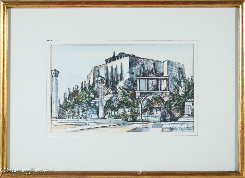 Beautiful Vintage Hans Christoph Watercolor Painting Acropolis Athens Greece 5/5