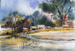 7X10” Original Pamela Wilhelm Watercolor Farm Barns Trees Road Landscape