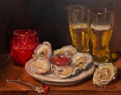 Beer and Oysters (Artist Touch) VERRIER Still life oil painting, Signed print