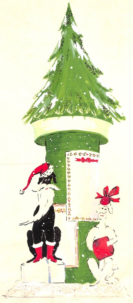 „Lanvin Paris Christmas w/ Santa’s Poodles c1950s Original Advertising Artwork“