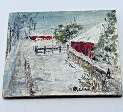 VTG Mini Impasto Oil Painting Snow Covered Farm Red Barn Signed ME GAULT 5.5”X4”