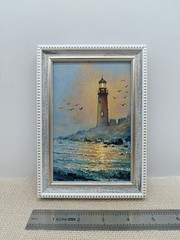 Lighthouse Original Oil Painting 6×4 Framed Signed Ocean Sunset Seascape Art