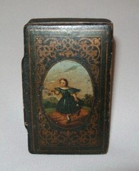 Antique Vtg 19th C 1840s Paper Mache Snuff Box W/Girl Blue Dress Portrait on Lid