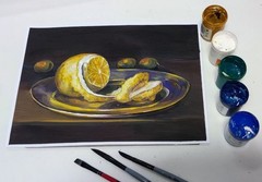 Original gouache painting „Lemon Still Life“, Dutch still life, A4 format.