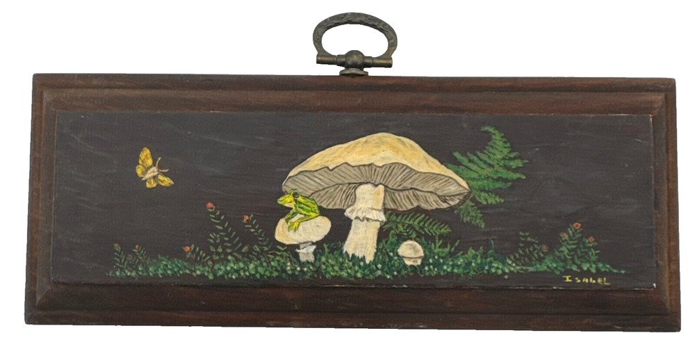 Mushroom Frog on Toadstool Butterfly Ferns Painting Wood block Isabel 7 x 2.75″