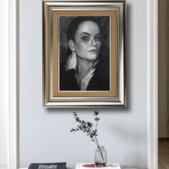 Original charcoal drawing girl portrait. black and white art illustration