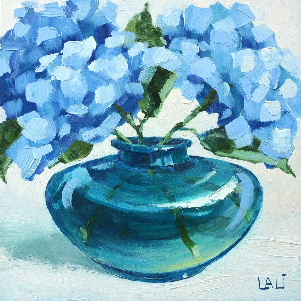 Blue Hydrangea Original Oil Painting 5″x5″ Floral Still Life Hortensia
