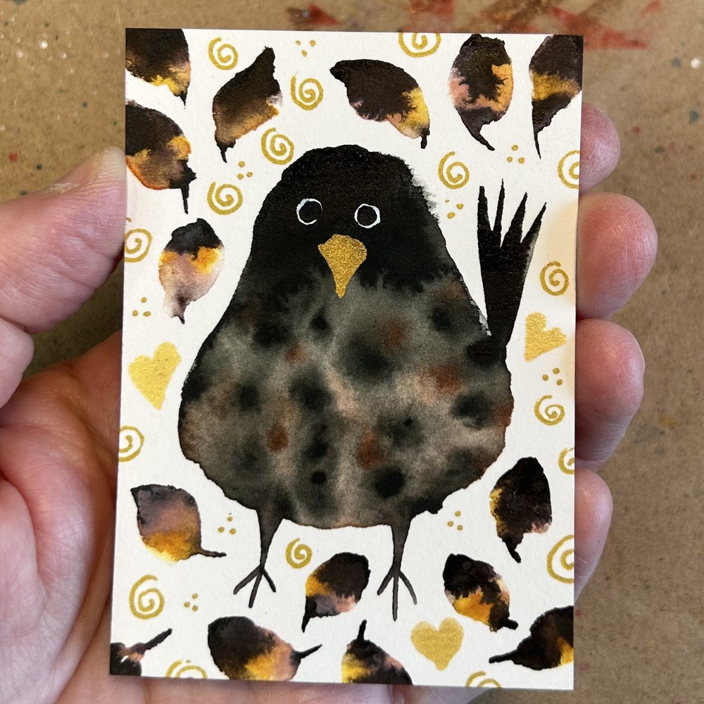 Russet Keeper of Fallen Leaves ACEO Original Painting Owl Art Card 2.5×3.5 OOAK