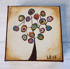 Art on Artesia Lisa Ritchie (Blum) OOAK paintings chickens tree 4×4″ Wisconsin