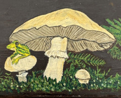 Mushroom Frog on Toadstool Butterfly Ferns Painting Wood block Isabel 7 x 2.75″