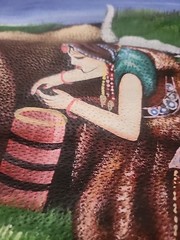 Painting on Leather Indian Woman W/Buffalo Mountains Handmade 12” Tapestry Wall