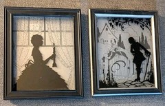Vintage 1930s Reverse Glass Silhouette Pair Deltex At The Gate Bed Time Art Deco