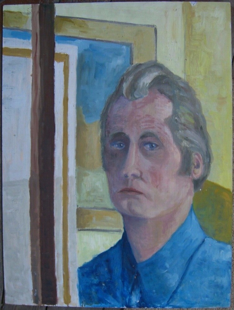 ::PORTRAIT MAN SAD ROOM SHIRT BLUE VINTAGE FACIAL EXPRESSIONS GESTURE PAINTING ACRYLIC ANTIQUE