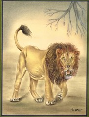 Animal Miniature Painting Of Lion Handmade Vintage Art On Paper 10.5×13.5 Inches