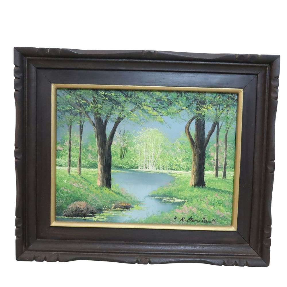R Garcia Original Oil Painting Spring Landscape Tree Lake Pond Wood Framed