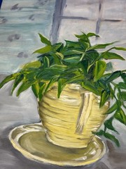 C.1950 STILL LIFE Painting, Oil on Paper 19.75″ x 17.25″ Plant in Yellow Pitcher