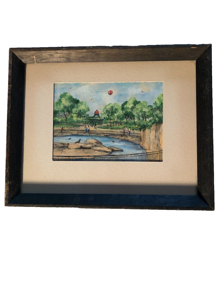 Vintage watercolor of zoo signed Jean Poklop. Image size 4 3/4 x 6 1/2 in.