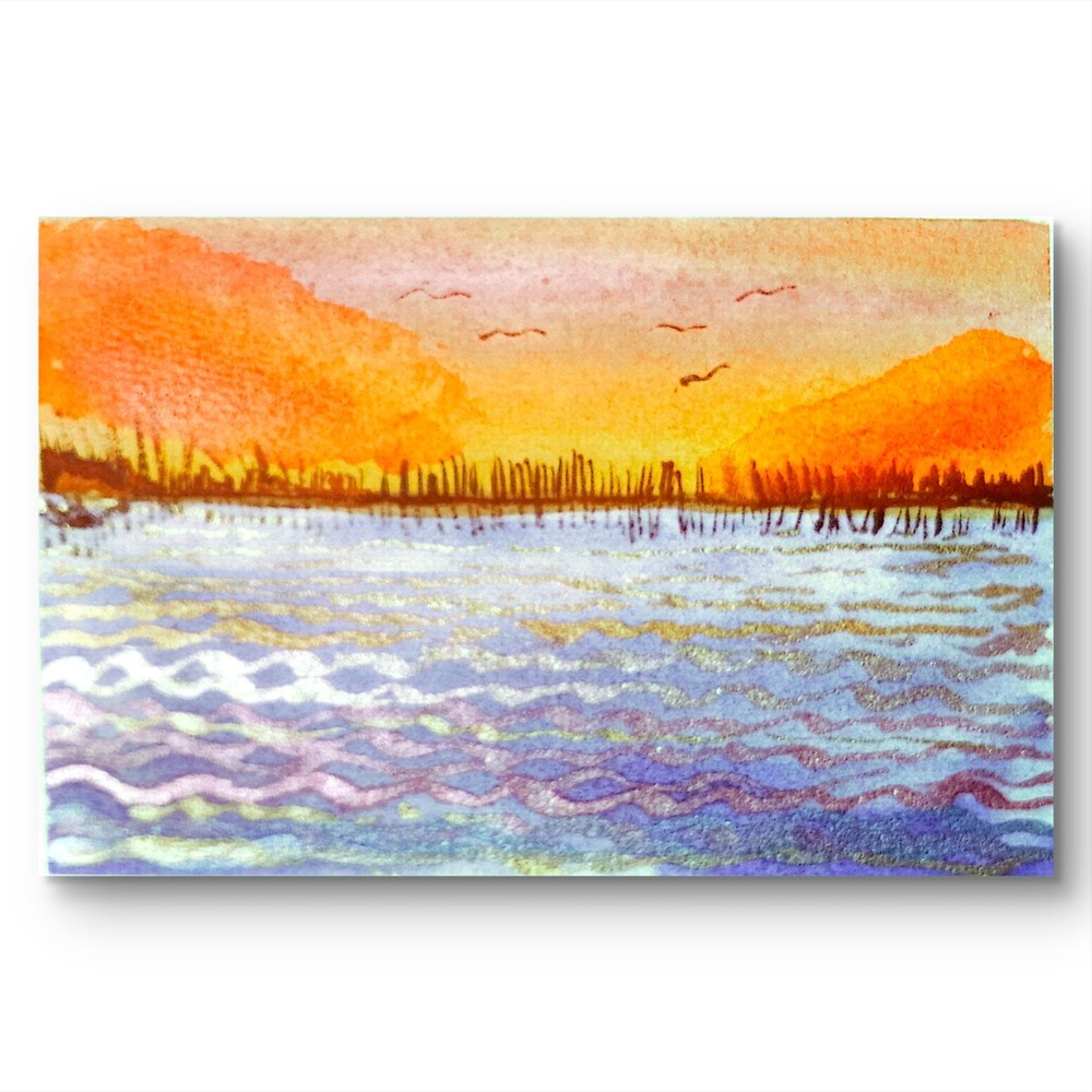 Lakescape At Sunset Original Impressionist Watercolor 5×7 Cotton Artist Signed