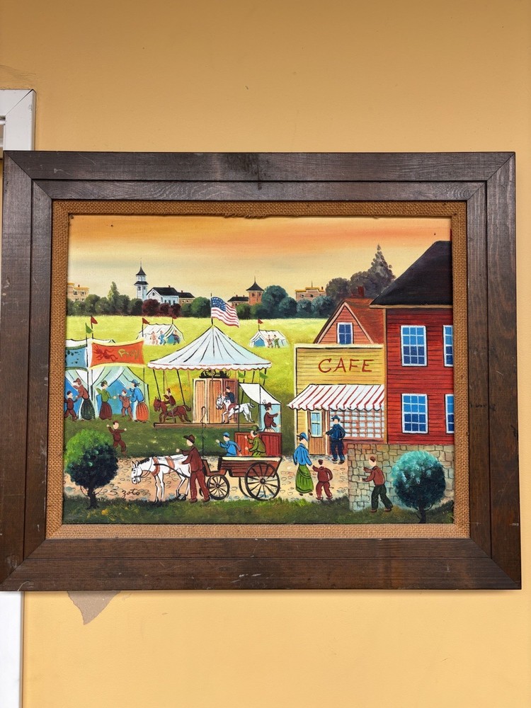 Original Folk Art Oil Painting Signed S. Zoto Carnival Fair Scene