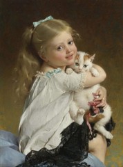 Hand Painted Oil Painting art female Small girl and cat on Canvas 24″X36″