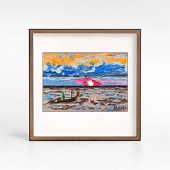 Sunset Seascape Painting Boat Ocean Original Art Colorful Coastal Wall Decor 6×8
