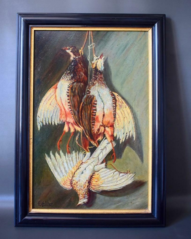 Antique French Hunt Trophy Oil Painting Game Birds
