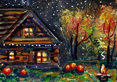 ACEO Original Painting Fall CABIN Star Fire Pumpkin Night Moon Landscape ATC ART