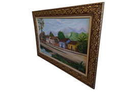 Handmade Oil Painting – Colonial Village Landscape with Mountains and Lake