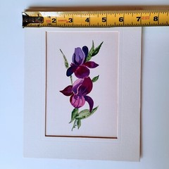 Two Flower Paintings Artist Signed Purple Iris Blue Branch Matted 7×9 Inches