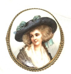 Miniature Portrait Lady Hand Painted Civil War Period Brooch Victorian Brooch