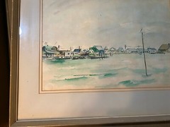 Vintage „Coastal Town Scene“ Watercolor Painting – Framed