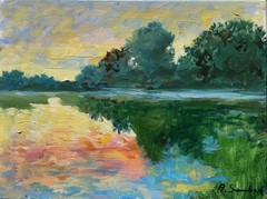 Original Oil Painting Landscape Sunset Lake Reflection Impressionist Wall Art