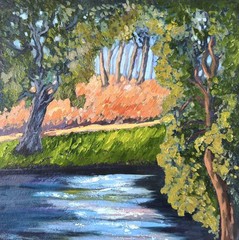 Original Oil Painting Old Trees Landscape Impasto Artwork on Panel 12x12in