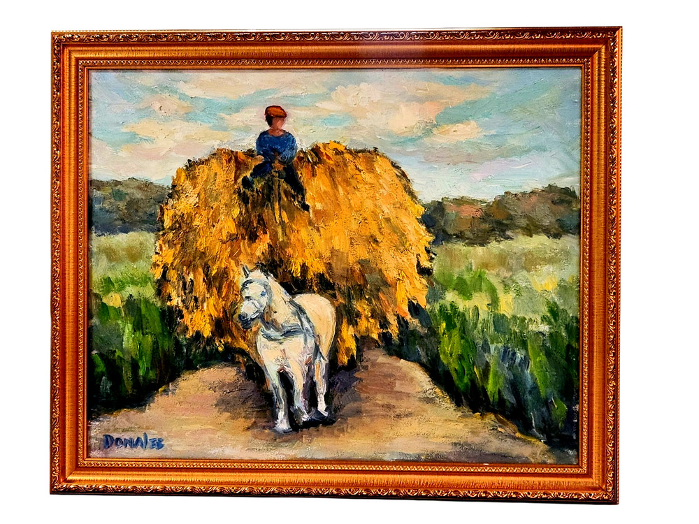 Oil Painting Hay Cart Crops Farming Horse Boy Landscape ORIGINAL Framed -Donalee