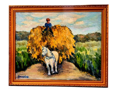 Oil Painting Hay Cart Crops Farming Horse Boy Landscape ORIGINAL Framed -Donalee