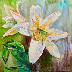 ORIGINAL oil painting White lily Flower wall art Lilies floral artwork 20×20″