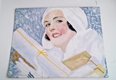 VTG Illustration of Woman w/ Christmas Presents-Gouache on Paper