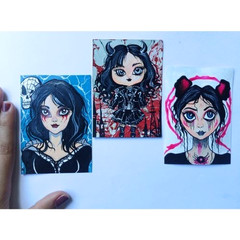 3 Pcs ACEO Original Cards Gothic Dolls Music Band Rock ART Set Hand Painting NEW