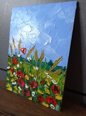 Field Wildflowers Poppies Field Original Art Oil Painting Landscape Sunset 7×5″